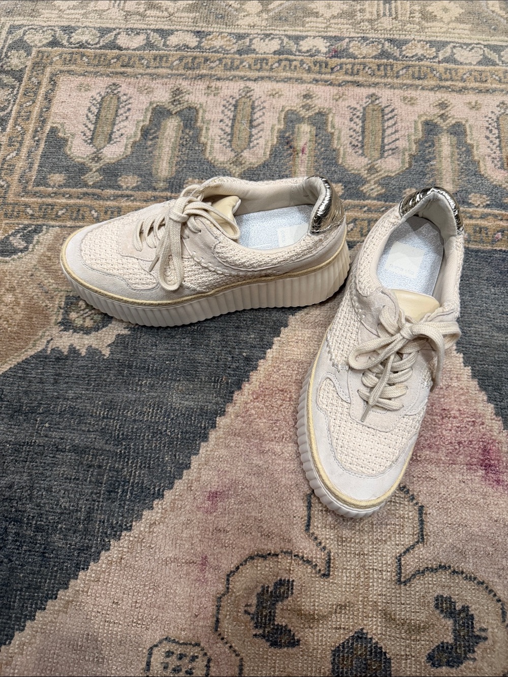 Dolce Vita Cream Knit Platform Lace-Up Sneakers with Silver Heel